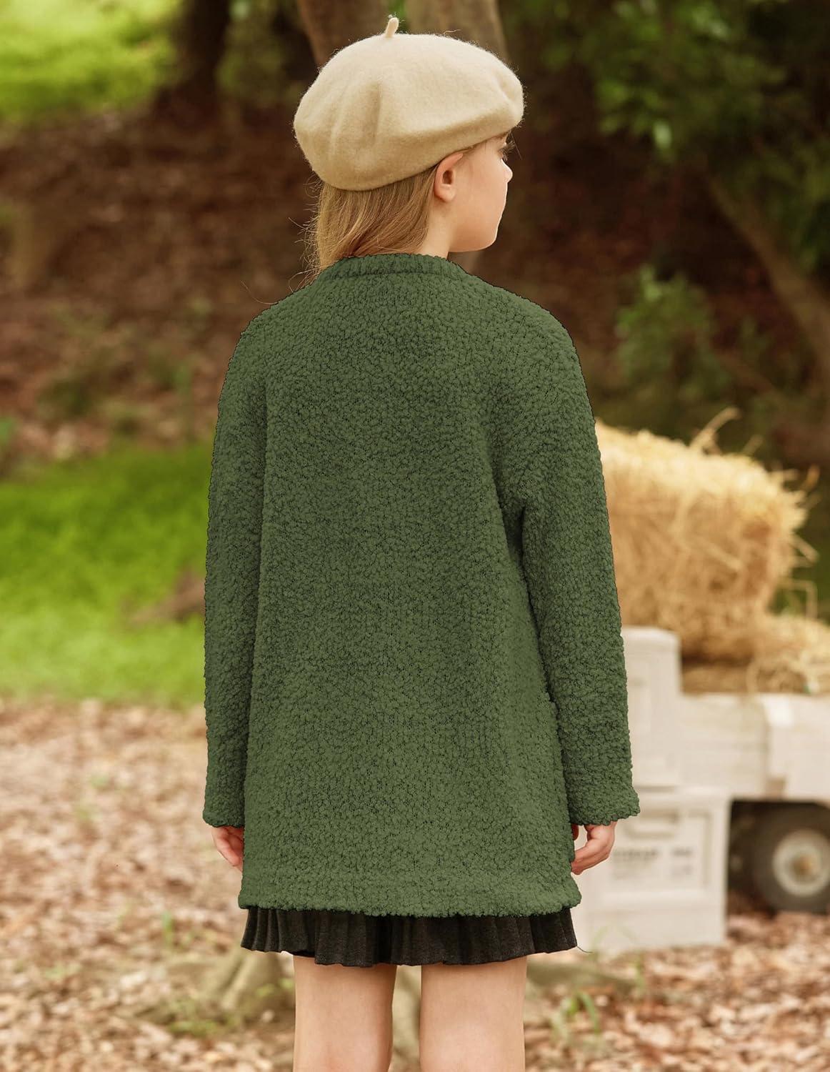 imageGRACE KARIN Girls Open Front Cardigan Long Sleeve Popcorn Knit Sweaters Outwear Coat with PocketsGreen