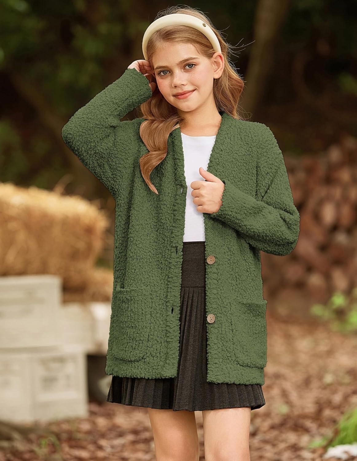 imageGRACE KARIN Girls Open Front Cardigan Long Sleeve Popcorn Knit Sweaters Outwear Coat with PocketsGreen