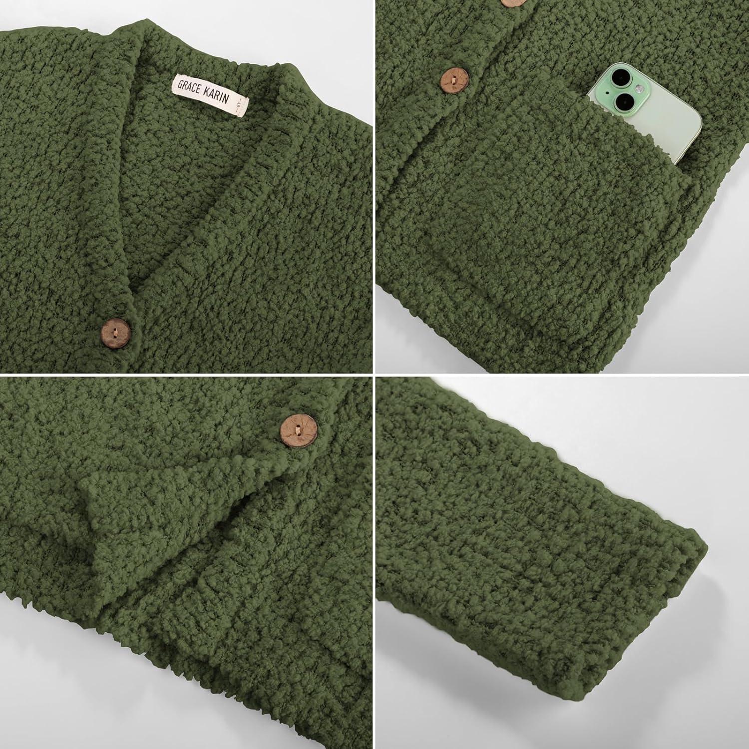 imageGRACE KARIN Girls Open Front Cardigan Long Sleeve Popcorn Knit Sweaters Outwear Coat with PocketsGreen