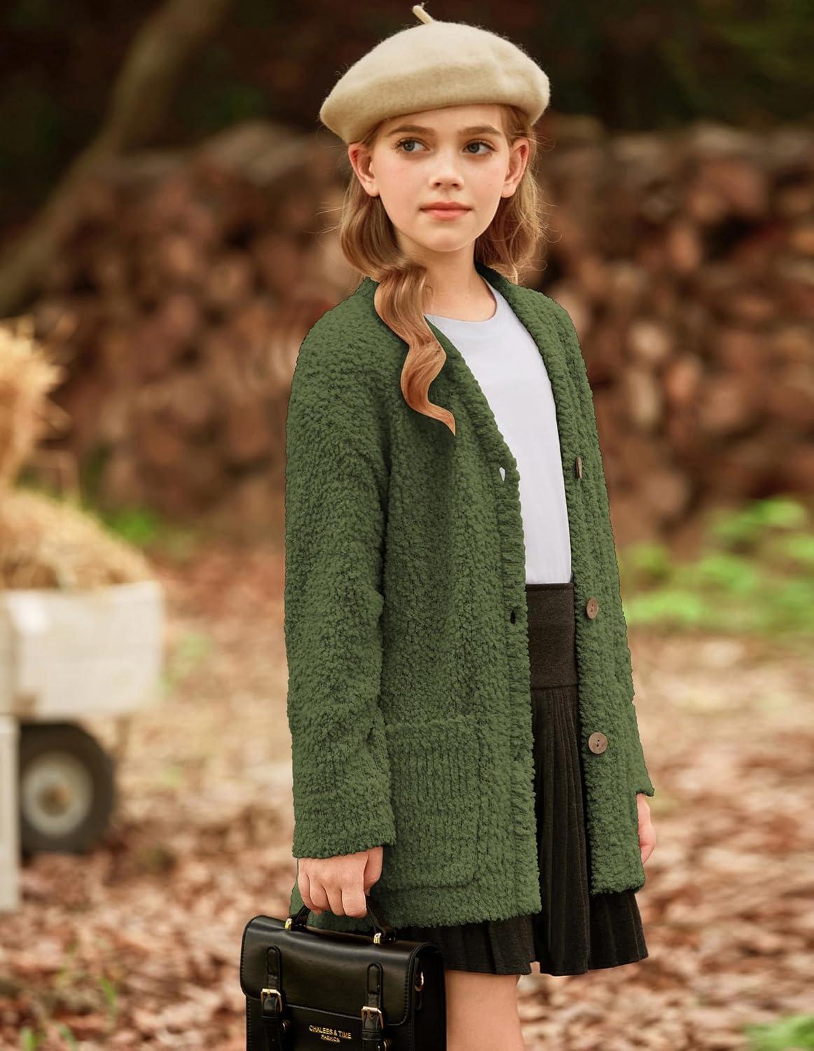 imageGRACE KARIN Girls Open Front Cardigan Long Sleeve Popcorn Knit Sweaters Outwear Coat with PocketsGreen