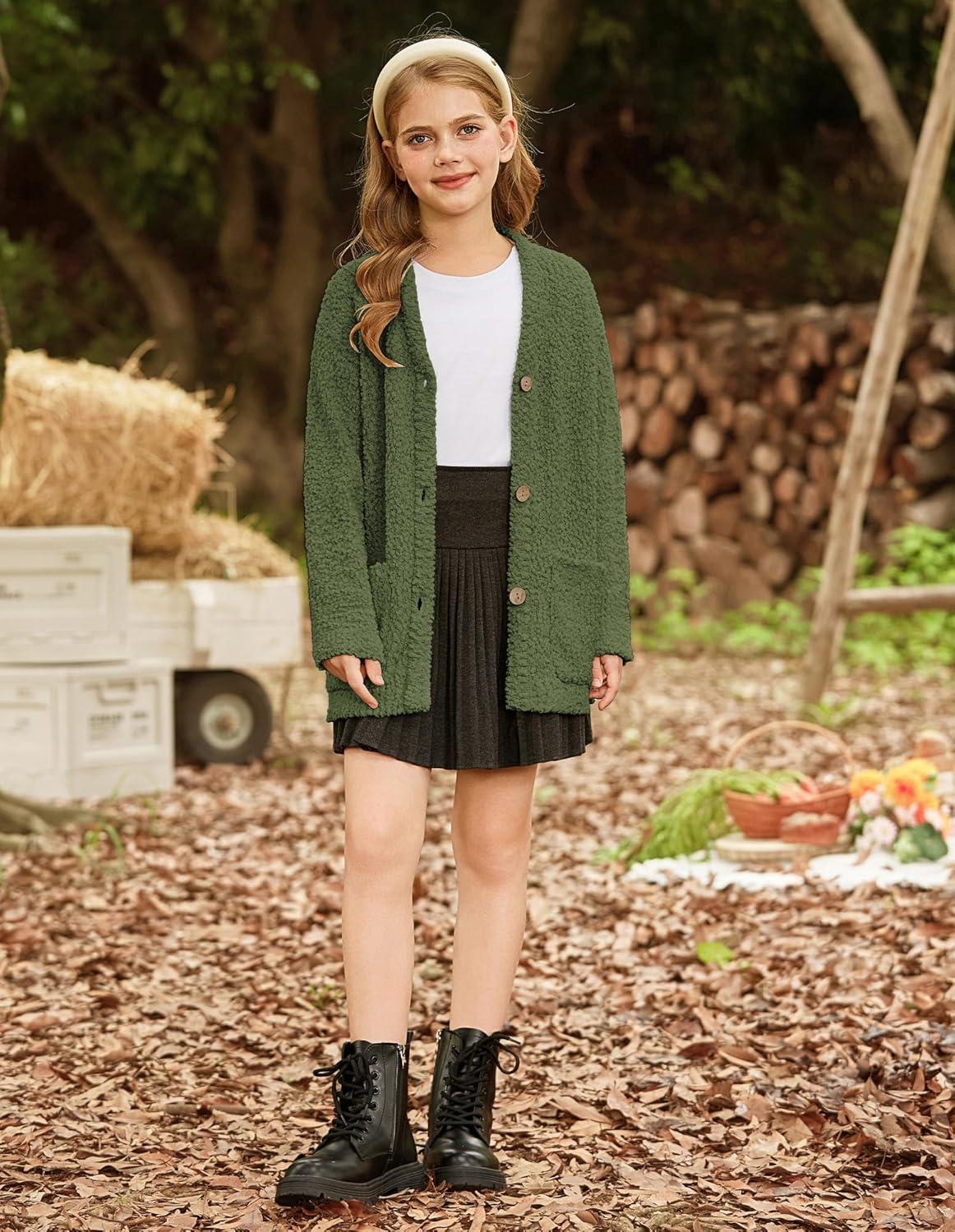 imageGRACE KARIN Girls Open Front Cardigan Long Sleeve Popcorn Knit Sweaters Outwear Coat with PocketsGreen
