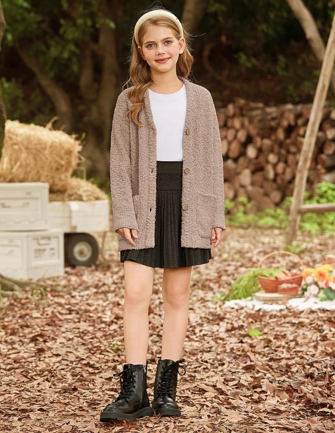 imageGRACE KARIN Girls Open Front Cardigan Long Sleeve Popcorn Knit Sweaters Outwear Coat with PocketsKhaki