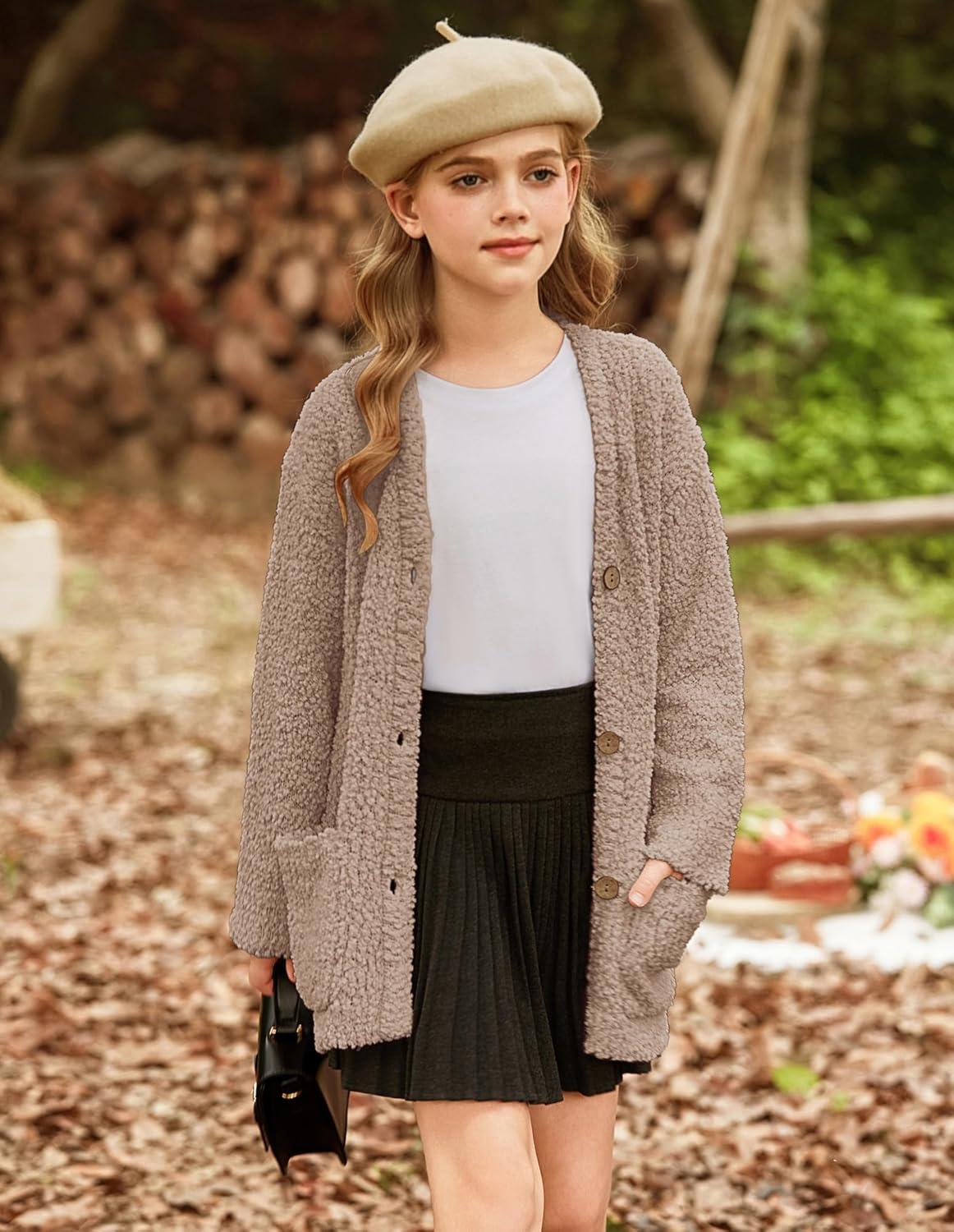 imageGRACE KARIN Girls Open Front Cardigan Long Sleeve Popcorn Knit Sweaters Outwear Coat with PocketsKhaki