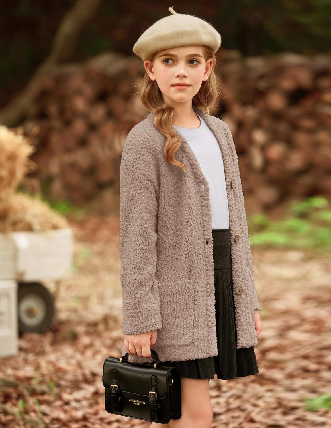 imageGRACE KARIN Girls Open Front Cardigan Long Sleeve Popcorn Knit Sweaters Outwear Coat with PocketsKhaki