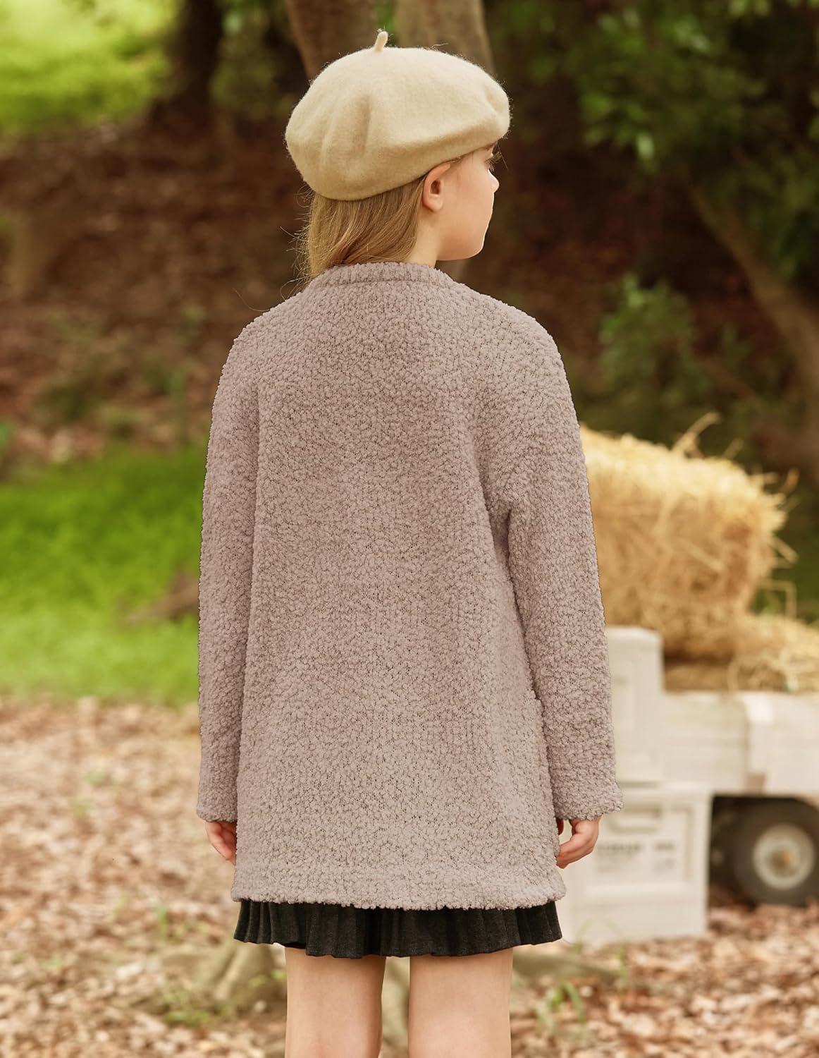 imageGRACE KARIN Girls Open Front Cardigan Long Sleeve Popcorn Knit Sweaters Outwear Coat with PocketsKhaki
