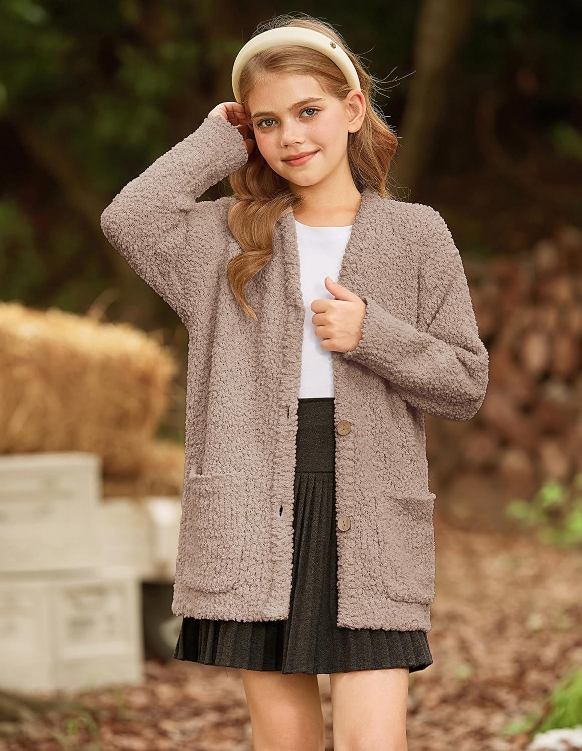 imageGRACE KARIN Girls Open Front Cardigan Long Sleeve Popcorn Knit Sweaters Outwear Coat with PocketsKhaki