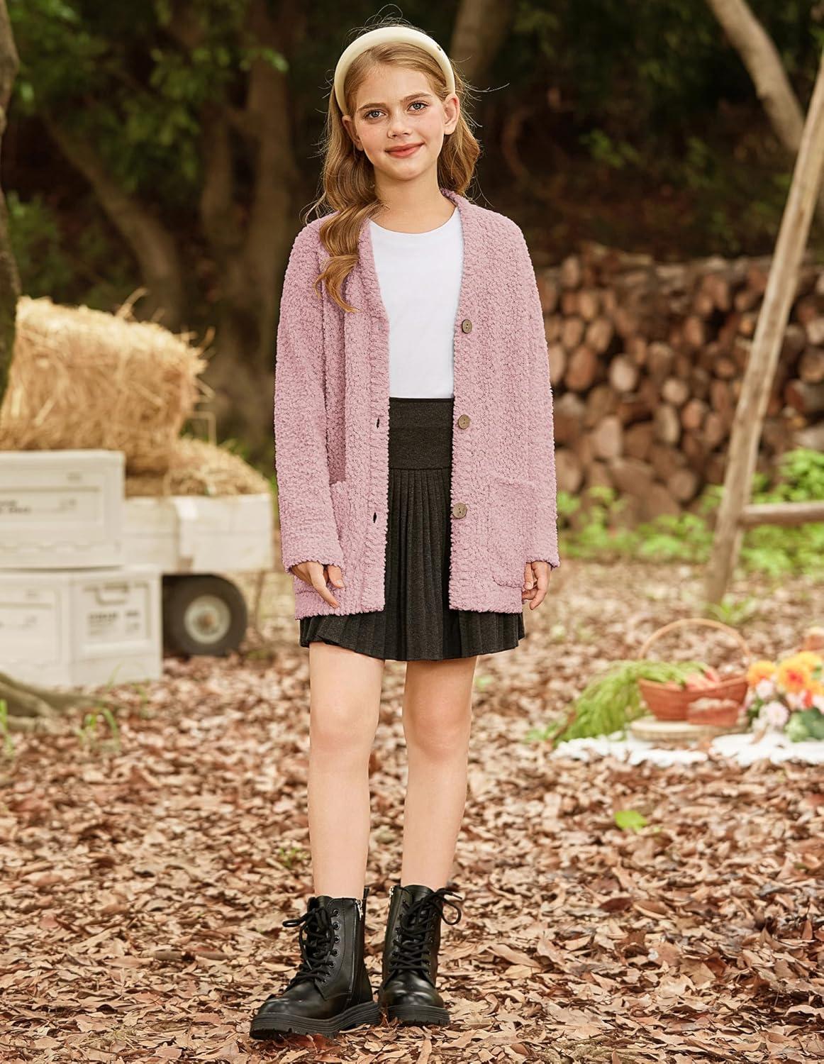 imageGRACE KARIN Girls Open Front Cardigan Long Sleeve Popcorn Knit Sweaters Outwear Coat with PocketsPink