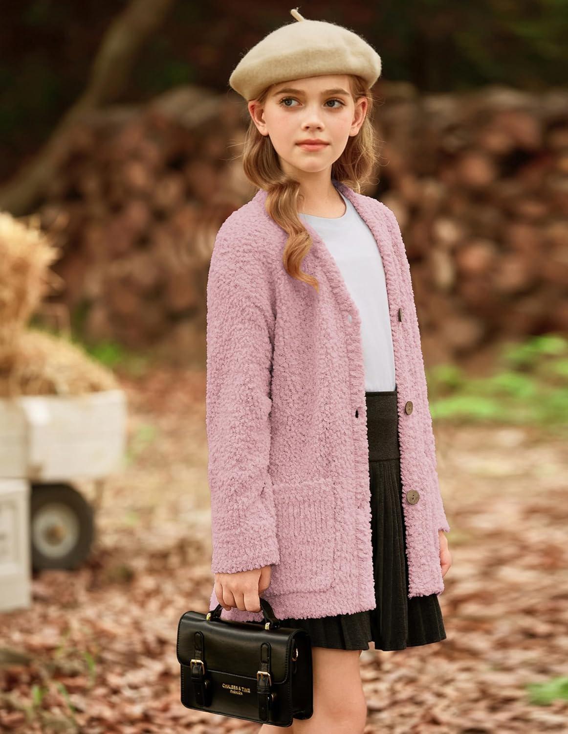 imageGRACE KARIN Girls Open Front Cardigan Long Sleeve Popcorn Knit Sweaters Outwear Coat with PocketsPink