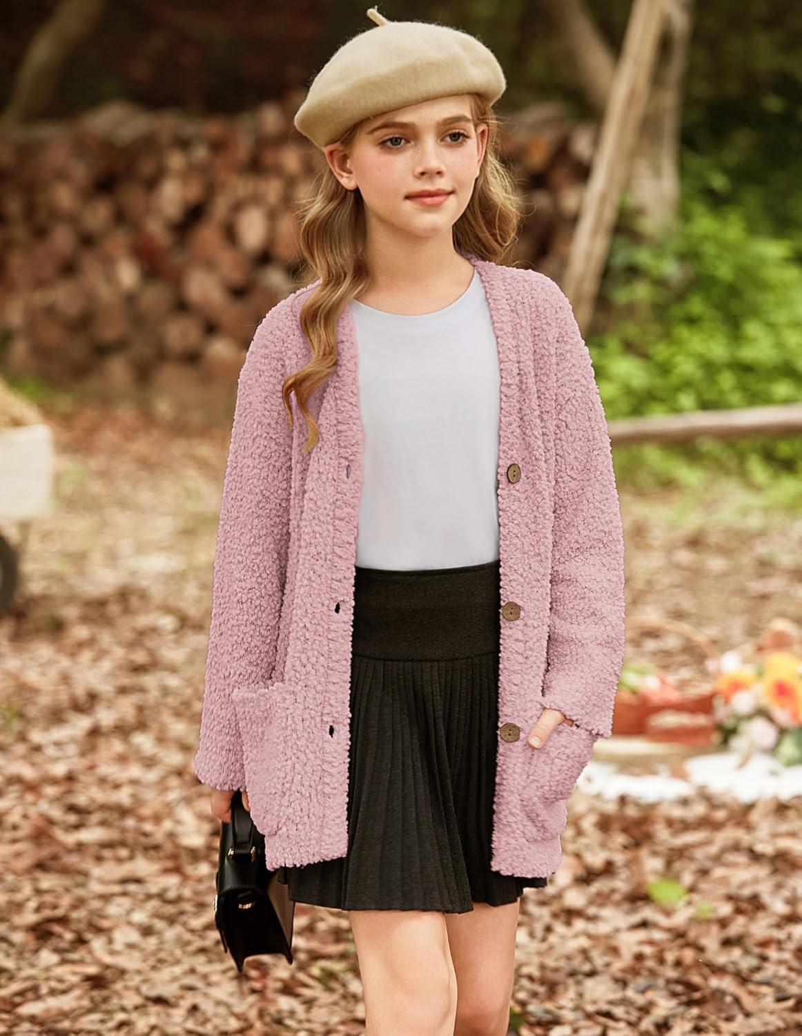 imageGRACE KARIN Girls Open Front Cardigan Long Sleeve Popcorn Knit Sweaters Outwear Coat with PocketsPink