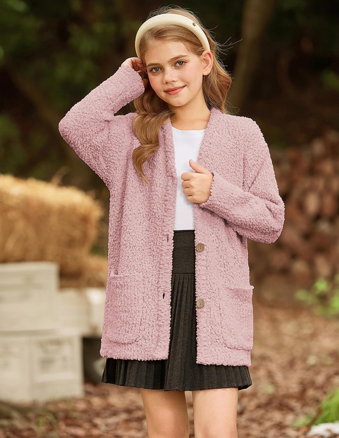 imageGRACE KARIN Girls Open Front Cardigan Long Sleeve Popcorn Knit Sweaters Outwear Coat with PocketsPink