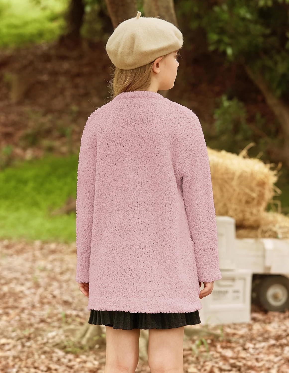 imageGRACE KARIN Girls Open Front Cardigan Long Sleeve Popcorn Knit Sweaters Outwear Coat with PocketsPink