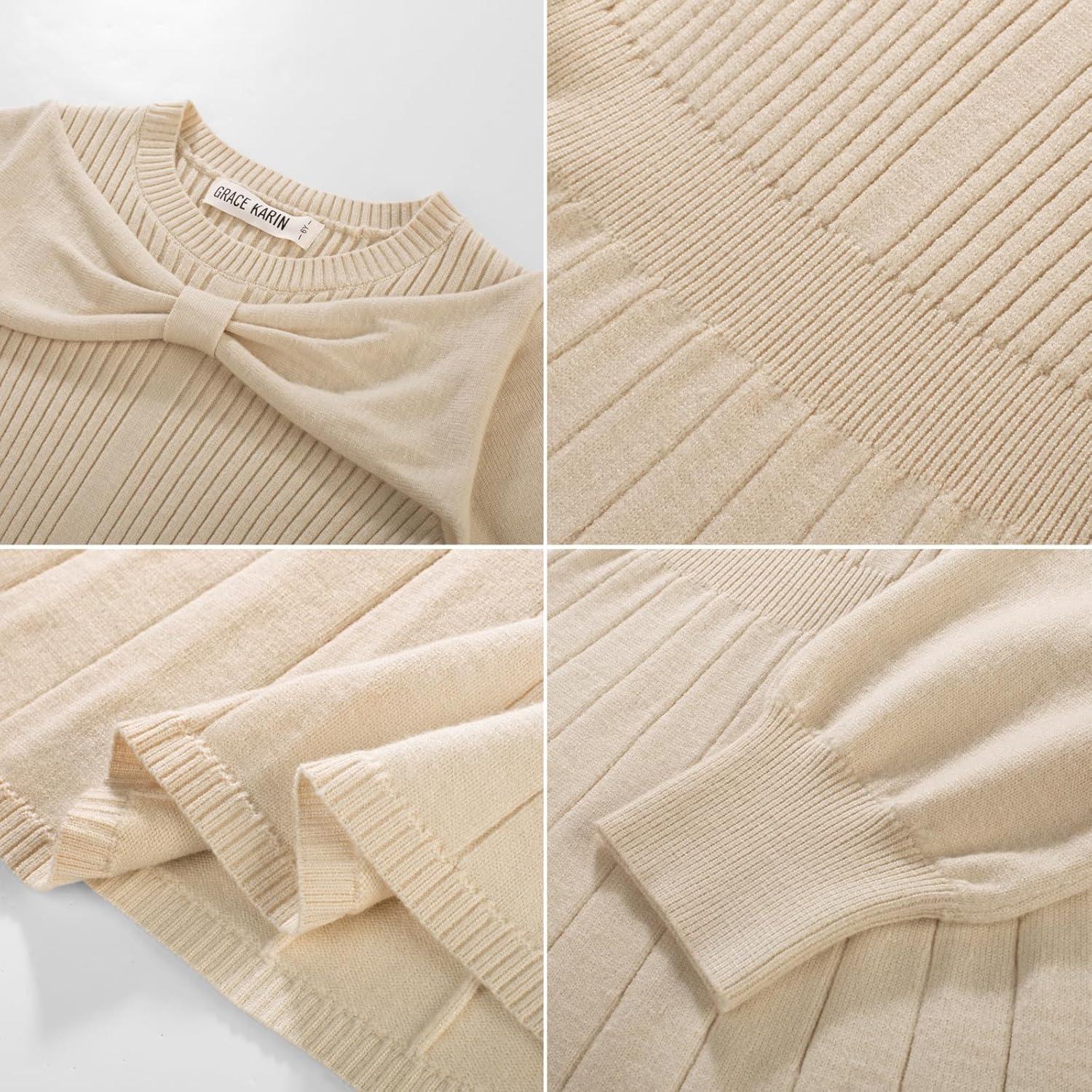 imageGRACE KARIN Girls Sweater Dress Bow Collar Pleated Skirt 614Y Back to School Outfit Knit Fall Winter DressApricot
