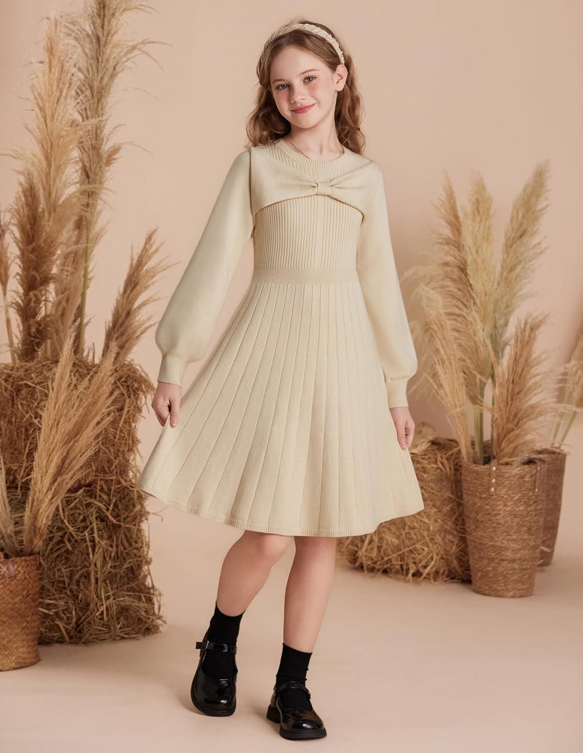 imageGRACE KARIN Girls Sweater Dress Bow Collar Pleated Skirt 614Y Back to School Outfit Knit Fall Winter DressApricot