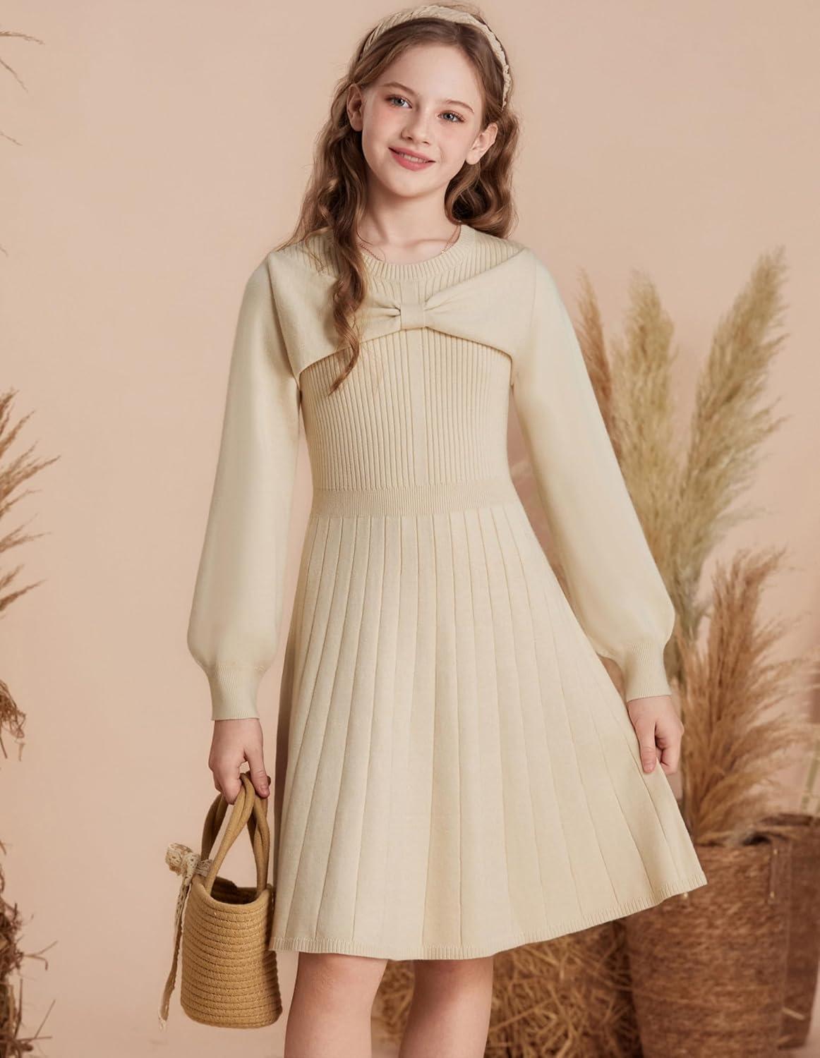 imageGRACE KARIN Girls Sweater Dress Bow Collar Pleated Skirt 614Y Back to School Outfit Knit Fall Winter DressApricot