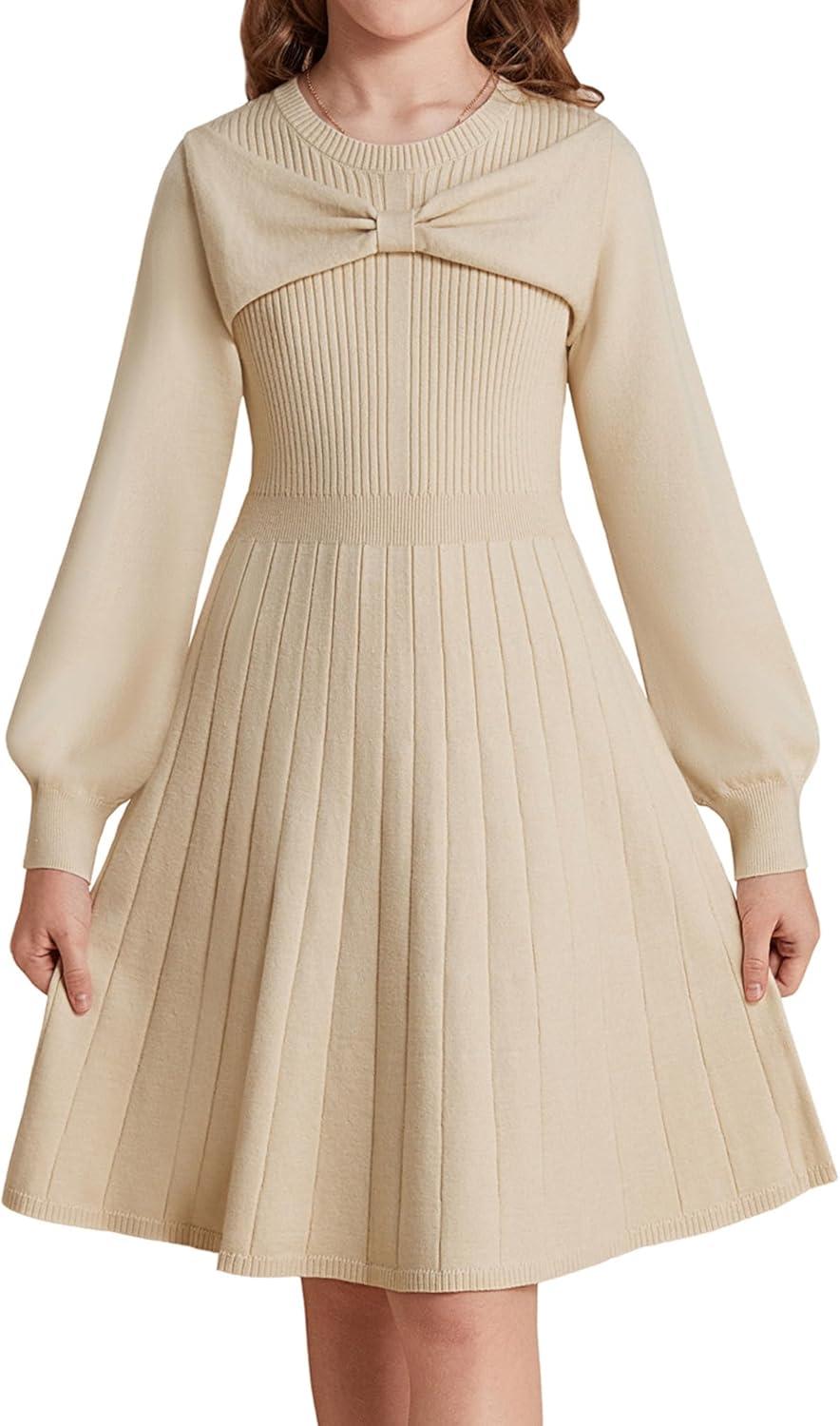 imageGRACE KARIN Girls Sweater Dress Bow Collar Pleated Skirt 614Y Back to School Outfit Knit Fall Winter DressApricot
