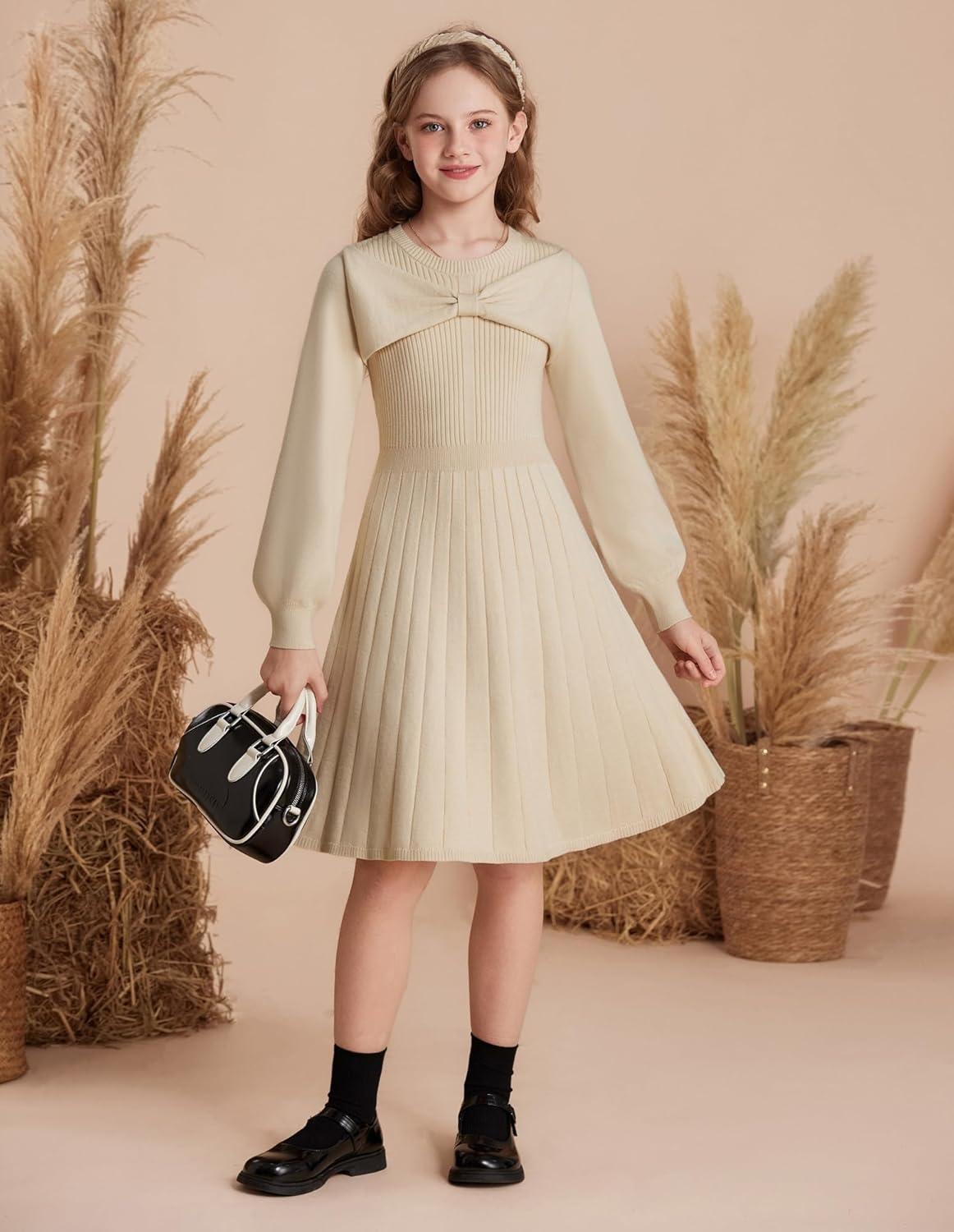 imageGRACE KARIN Girls Sweater Dress Bow Collar Pleated Skirt 614Y Back to School Outfit Knit Fall Winter DressApricot