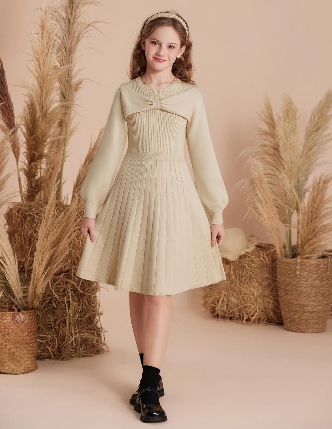 imageGRACE KARIN Girls Sweater Dress Bow Collar Pleated Skirt 614Y Back to School Outfit Knit Fall Winter DressApricot