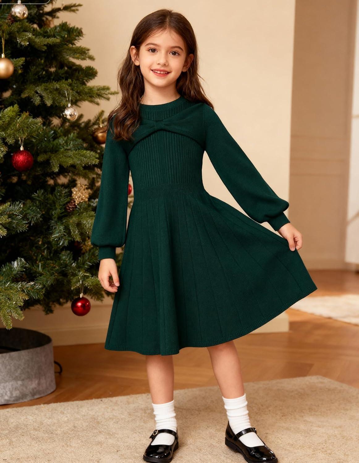 imageGRACE KARIN Girls Sweater Dress Bow Collar Pleated Skirt 614Y Back to School Outfit Knit Fall Winter DressDark Green
