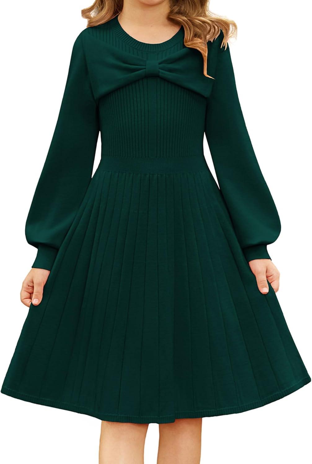 imageGRACE KARIN Girls Sweater Dress Bow Collar Pleated Skirt 614Y Back to School Outfit Knit Fall Winter DressDark Green