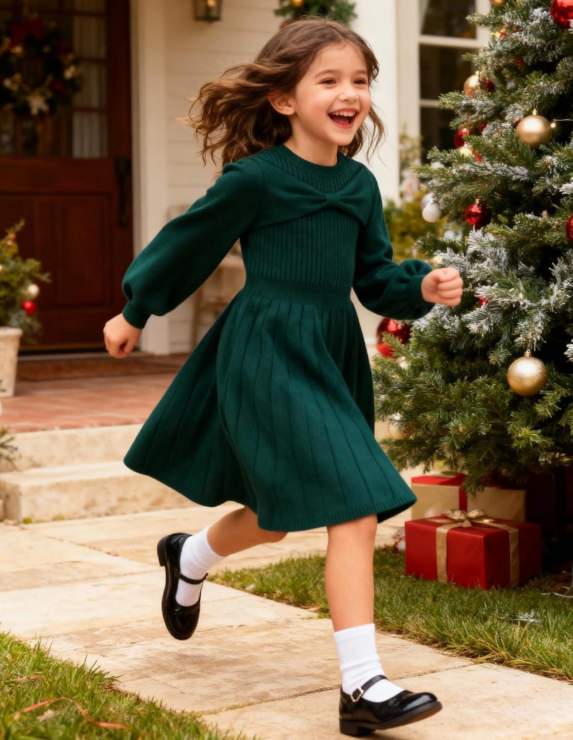 imageGRACE KARIN Girls Sweater Dress Bow Collar Pleated Skirt 614Y Back to School Outfit Knit Fall Winter DressDark Green