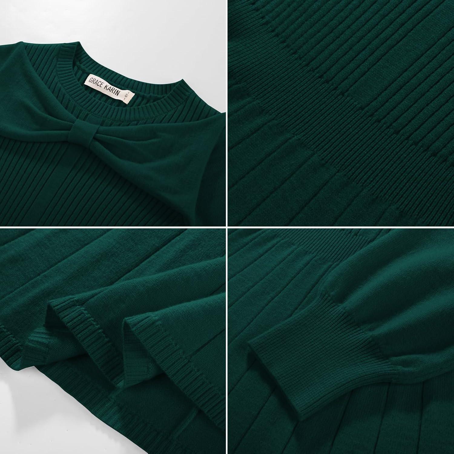 imageGRACE KARIN Girls Sweater Dress Bow Collar Pleated Skirt 614Y Back to School Outfit Knit Fall Winter DressDark Green