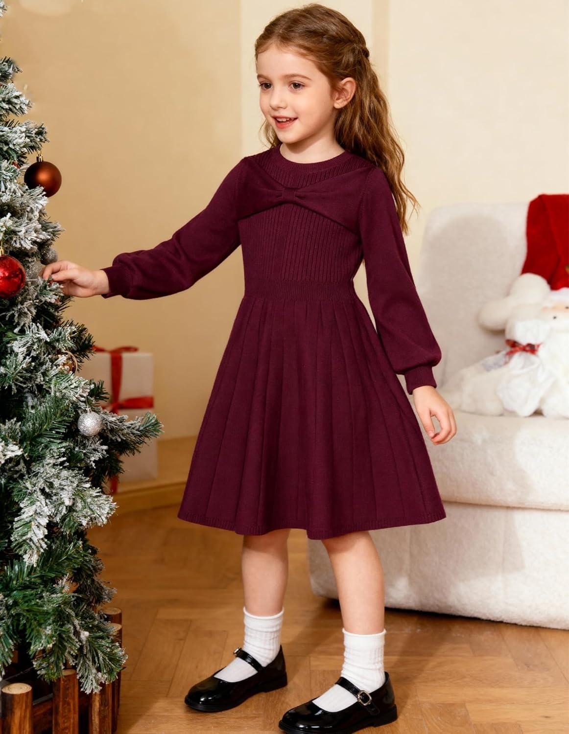 imageGRACE KARIN Girls Sweater Dress Bow Collar Pleated Skirt 614Y Back to School Outfit Knit Fall Winter DressDark Red