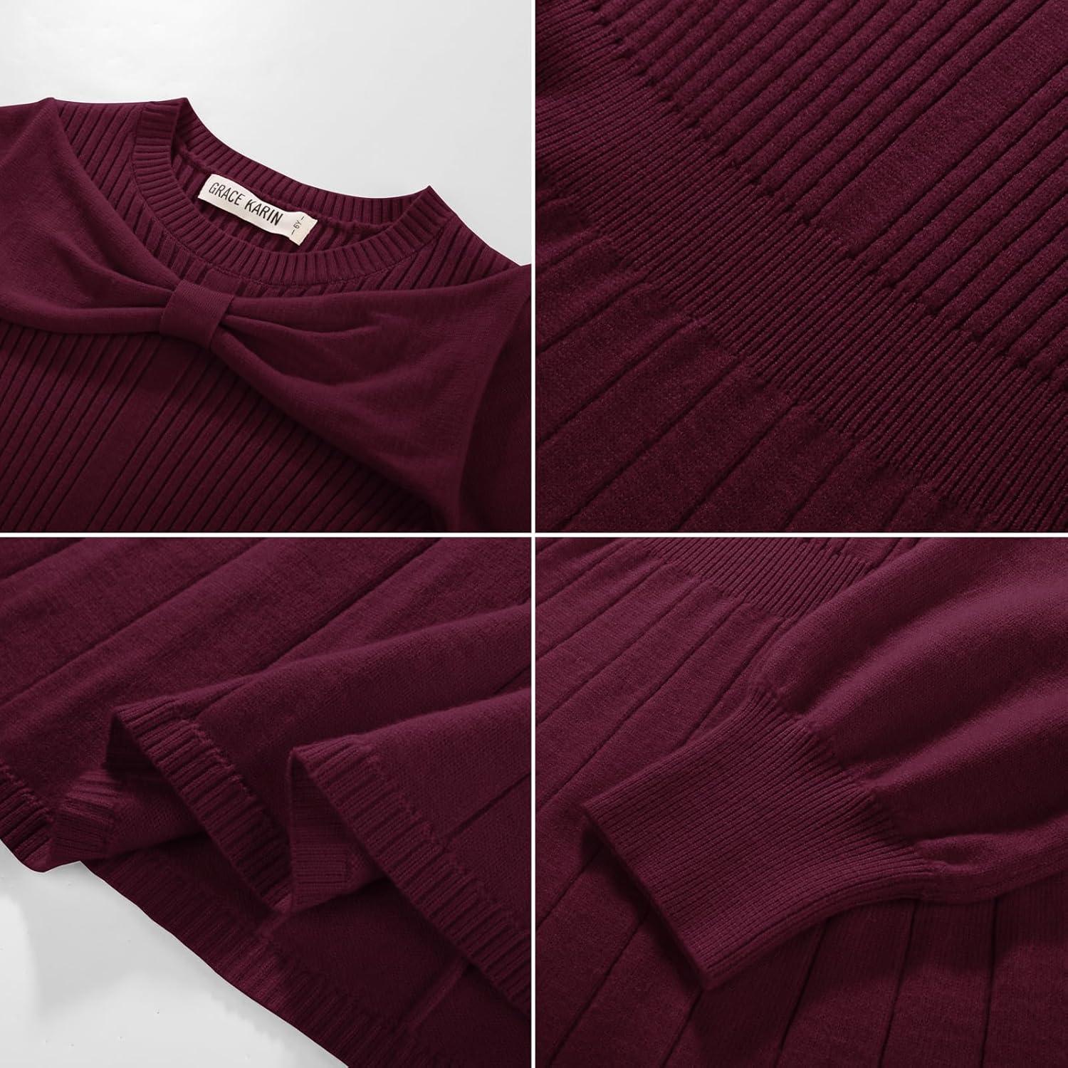 imageGRACE KARIN Girls Sweater Dress Bow Collar Pleated Skirt 614Y Back to School Outfit Knit Fall Winter DressDark Red