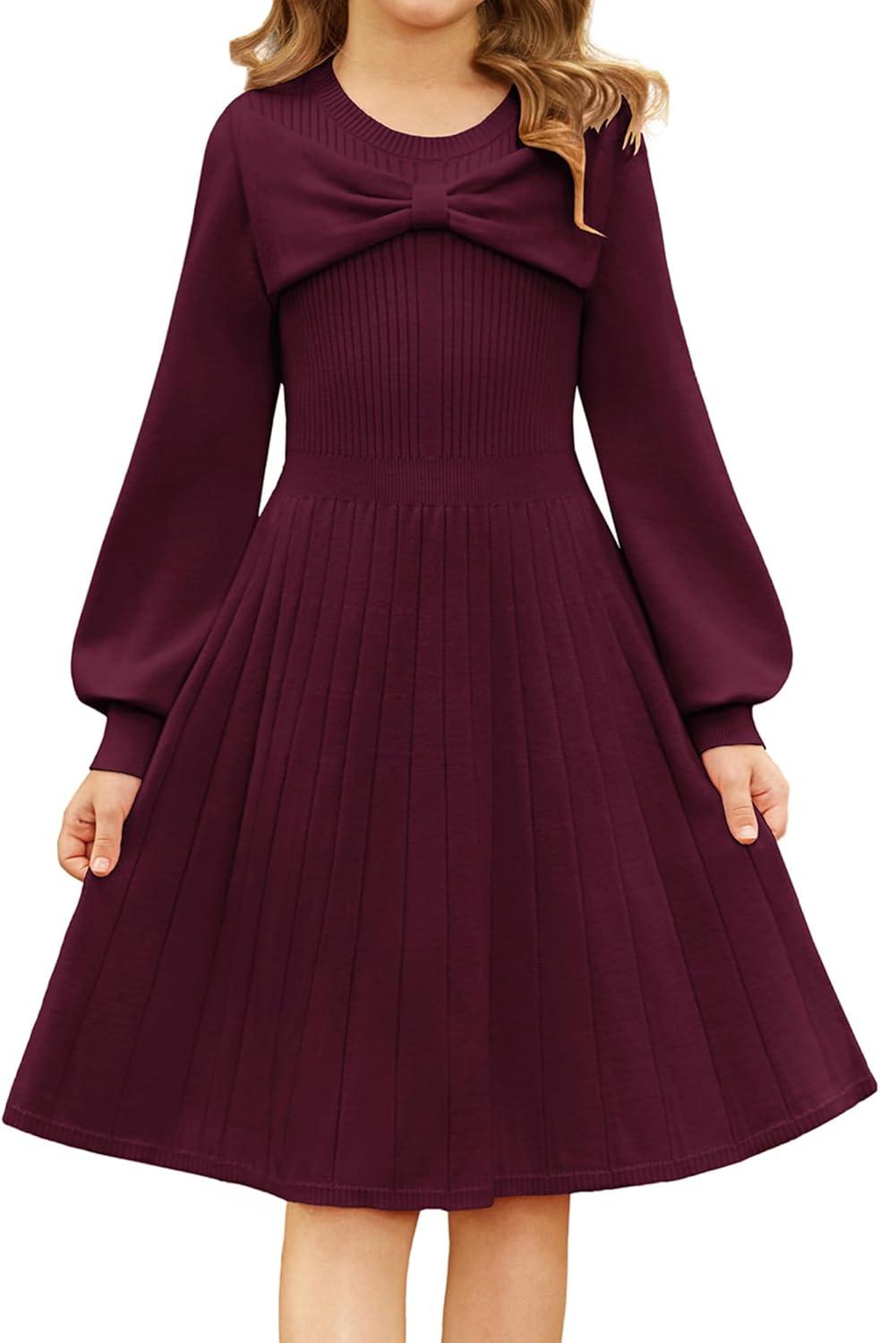 imageGRACE KARIN Girls Sweater Dress Bow Collar Pleated Skirt 614Y Back to School Outfit Knit Fall Winter DressDark Red