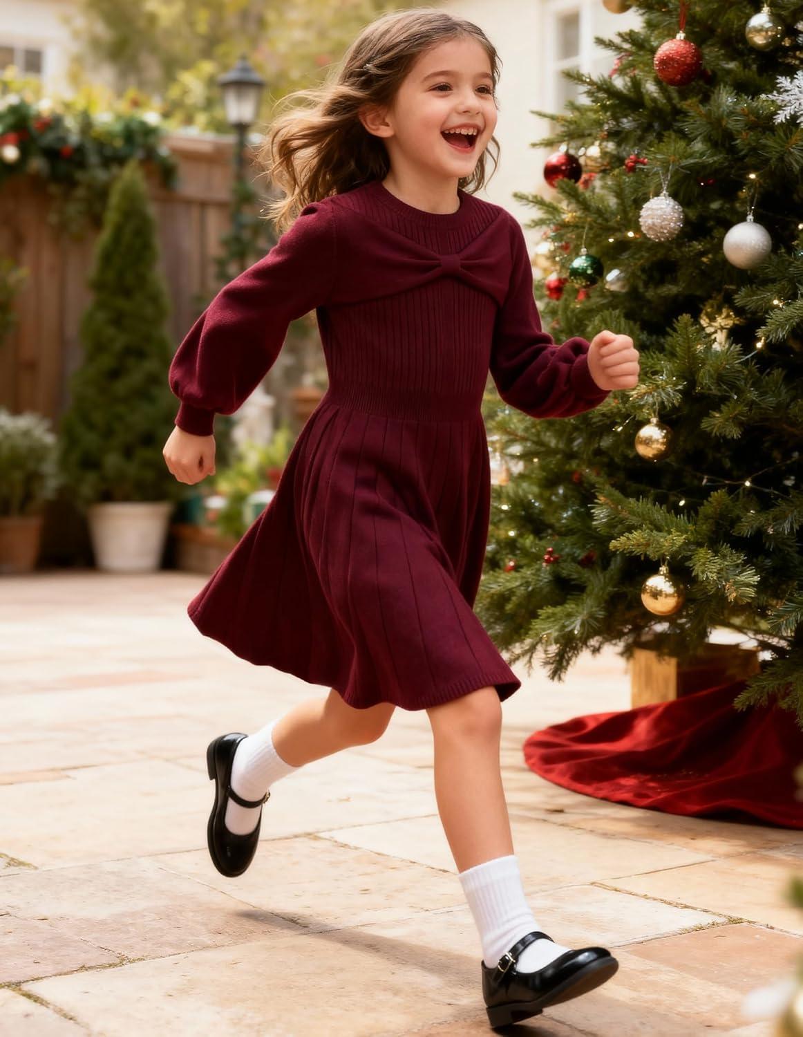 imageGRACE KARIN Girls Sweater Dress Bow Collar Pleated Skirt 614Y Back to School Outfit Knit Fall Winter DressDark Red