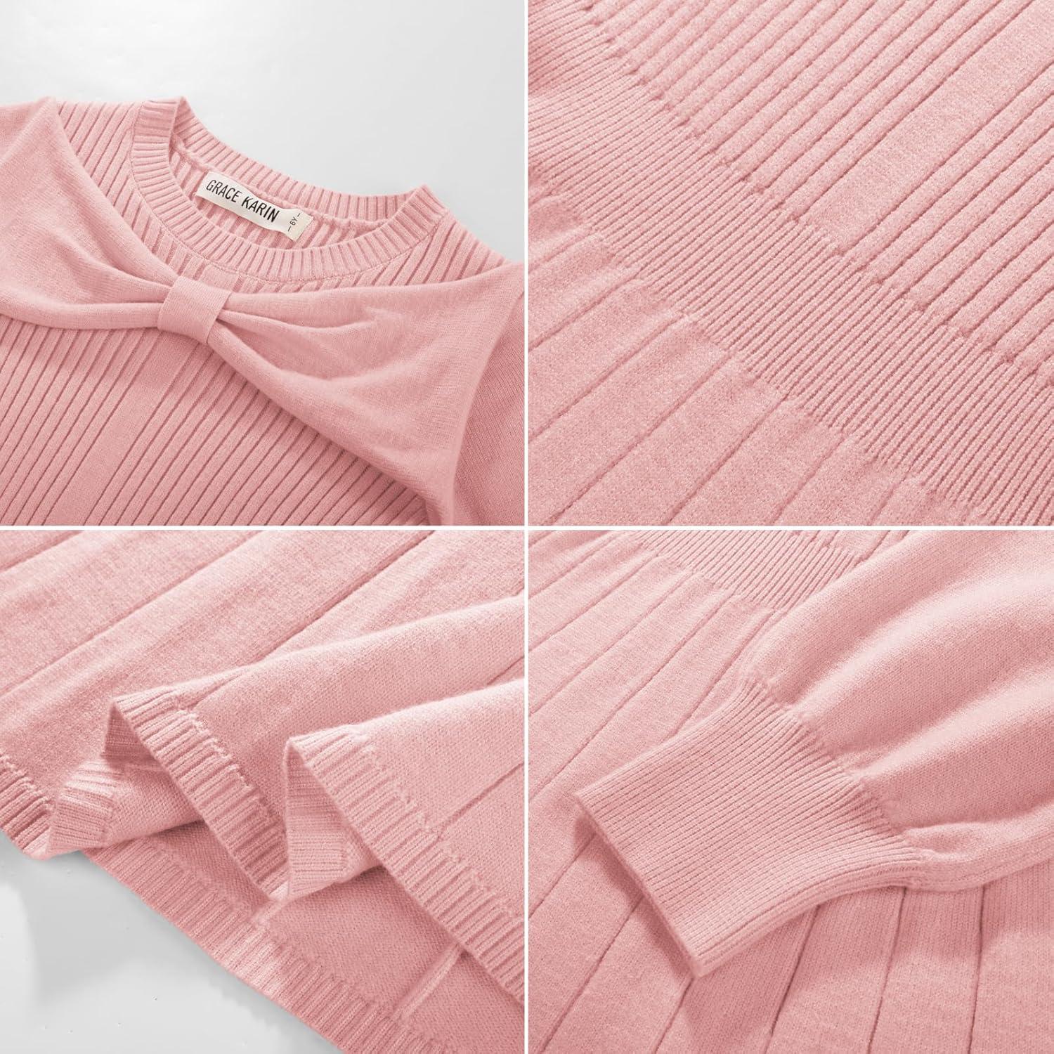 imageGRACE KARIN Girls Sweater Dress Bow Collar Pleated Skirt 614Y Back to School Outfit Knit Fall Winter DressLight Pink