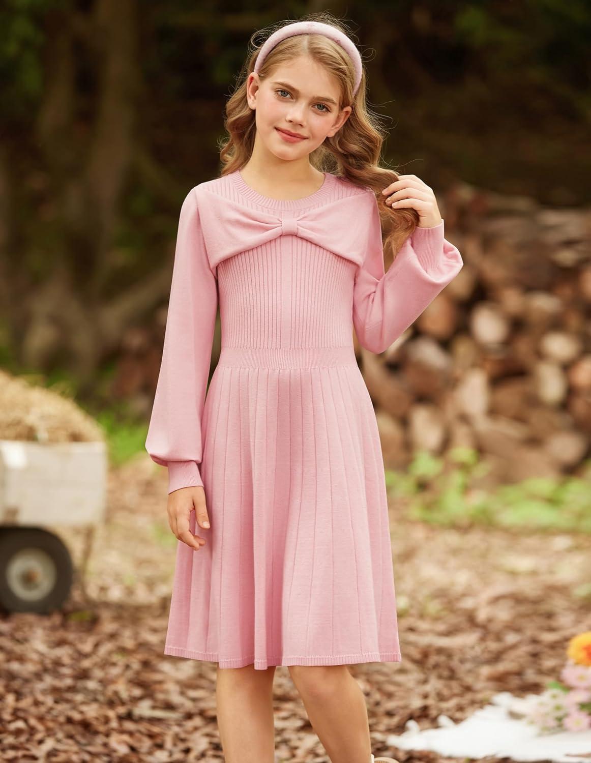 imageGRACE KARIN Girls Sweater Dress Bow Collar Pleated Skirt 614Y Back to School Outfit Knit Fall Winter DressLight Pink