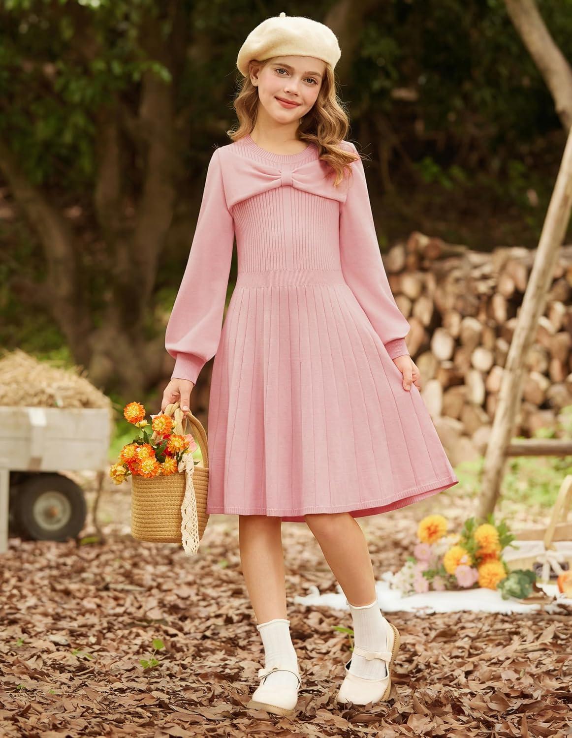 imageGRACE KARIN Girls Sweater Dress Bow Collar Pleated Skirt 614Y Back to School Outfit Knit Fall Winter DressLight Pink