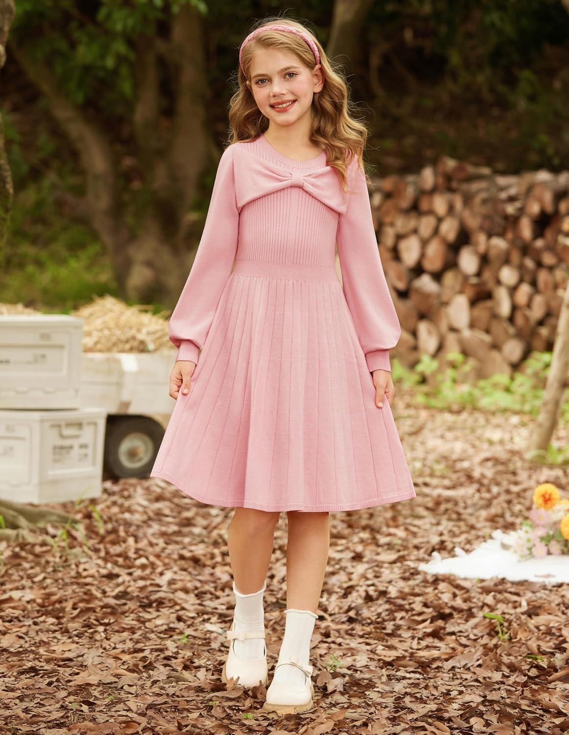imageGRACE KARIN Girls Sweater Dress Bow Collar Pleated Skirt 614Y Back to School Outfit Knit Fall Winter DressLight Pink