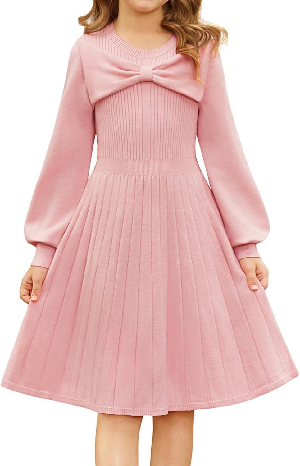 imageGRACE KARIN Girls Sweater Dress Bow Collar Pleated Skirt 614Y Back to School Outfit Knit Fall Winter DressLight Pink
