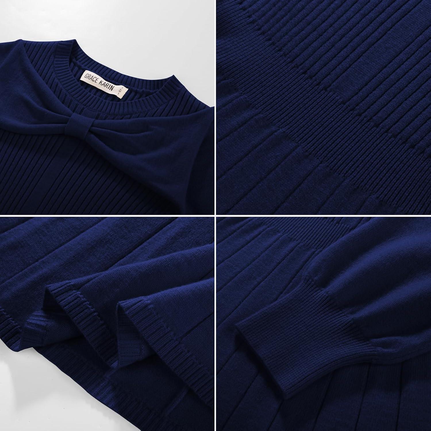 imageGRACE KARIN Girls Sweater Dress Bow Collar Pleated Skirt 614Y Back to School Outfit Knit Fall Winter DressNavy Blue