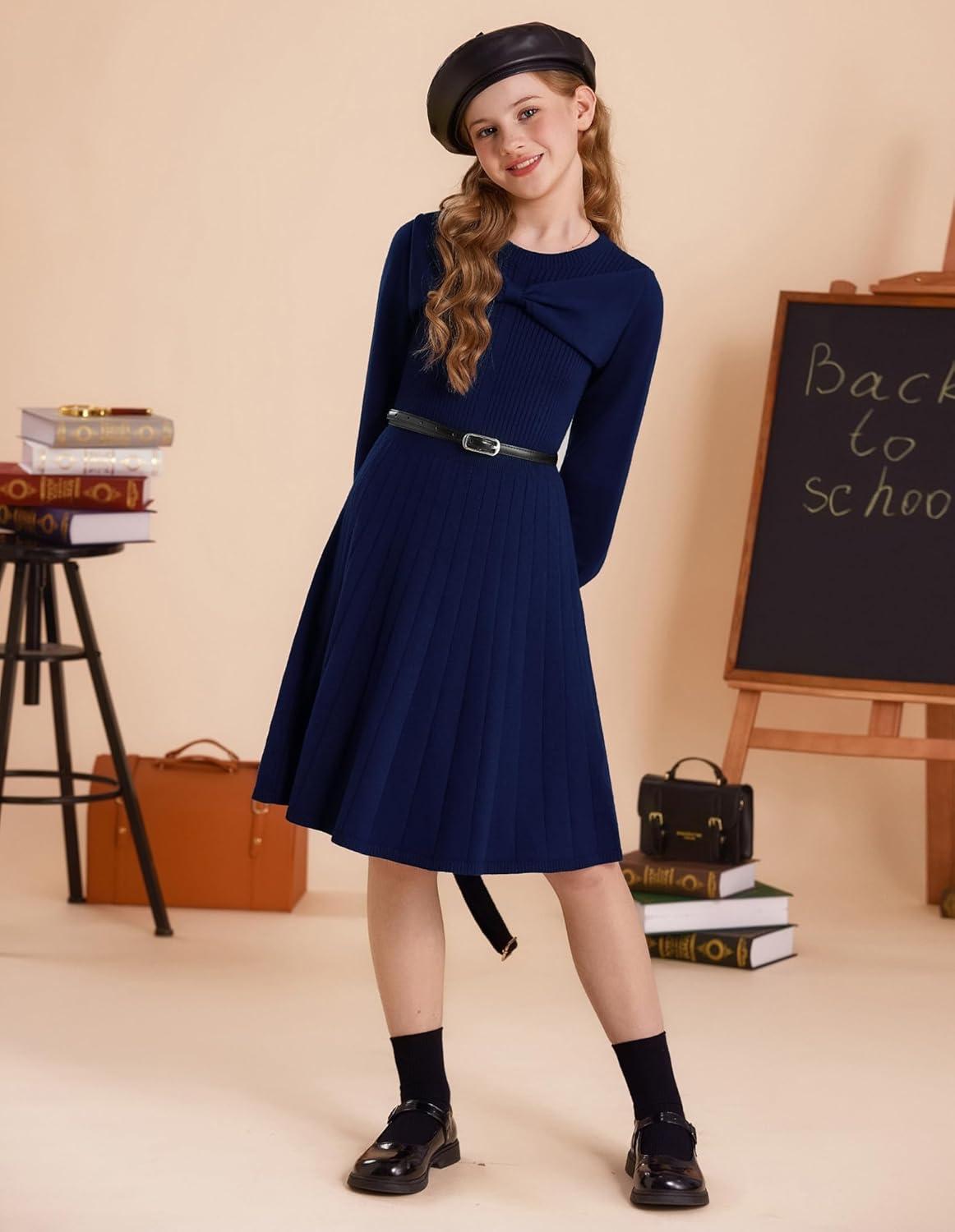 imageGRACE KARIN Girls Sweater Dress Bow Collar Pleated Skirt 614Y Back to School Outfit Knit Fall Winter DressNavy Blue