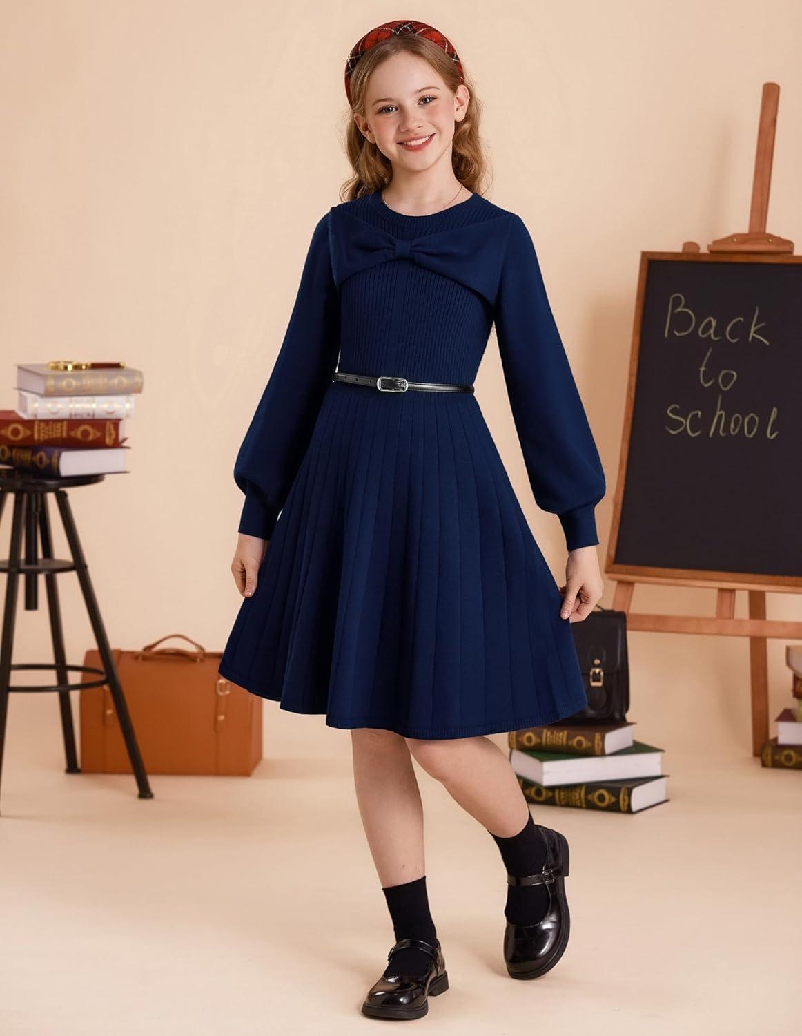 imageGRACE KARIN Girls Sweater Dress Bow Collar Pleated Skirt 614Y Back to School Outfit Knit Fall Winter DressNavy Blue
