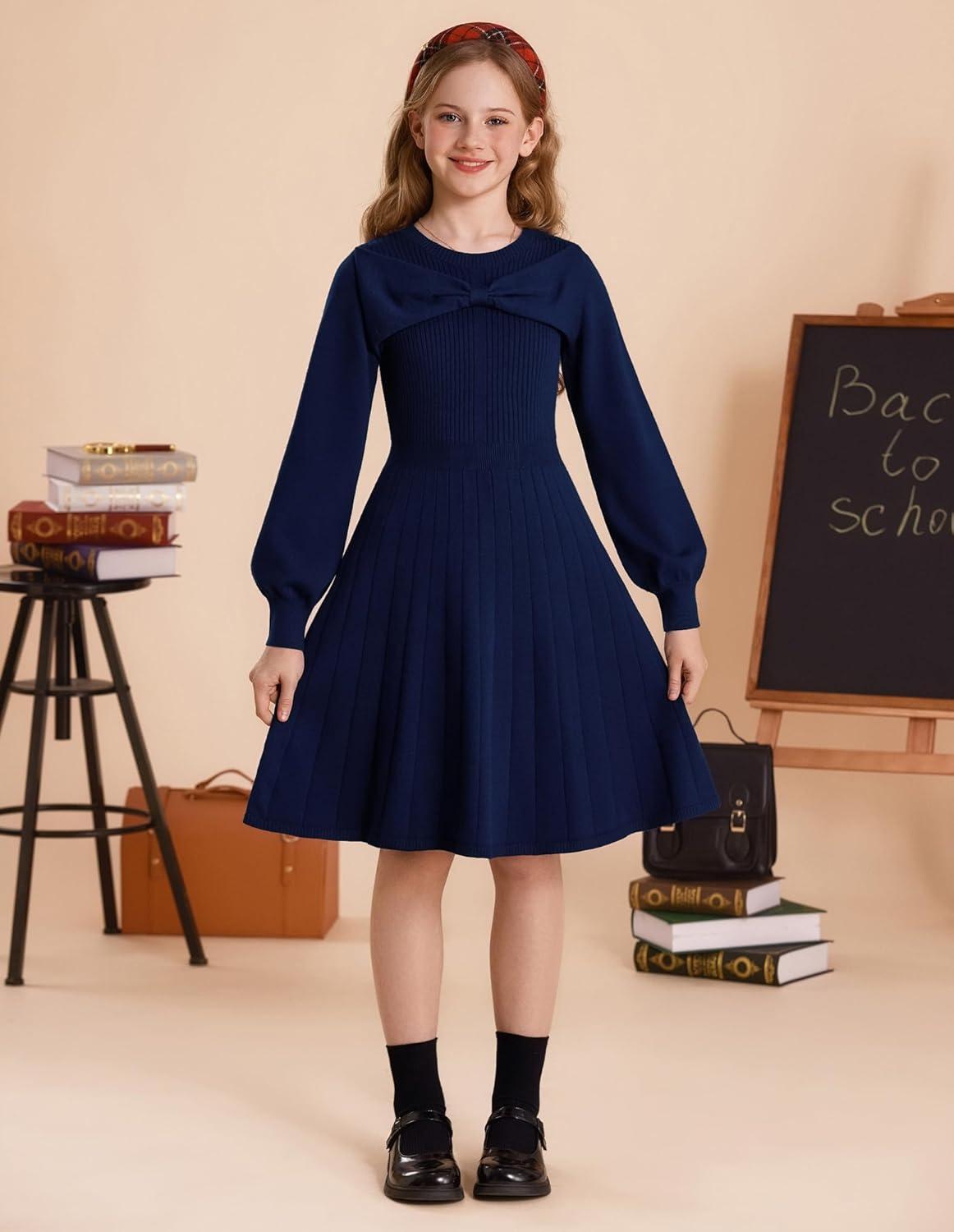 imageGRACE KARIN Girls Sweater Dress Bow Collar Pleated Skirt 614Y Back to School Outfit Knit Fall Winter DressNavy Blue