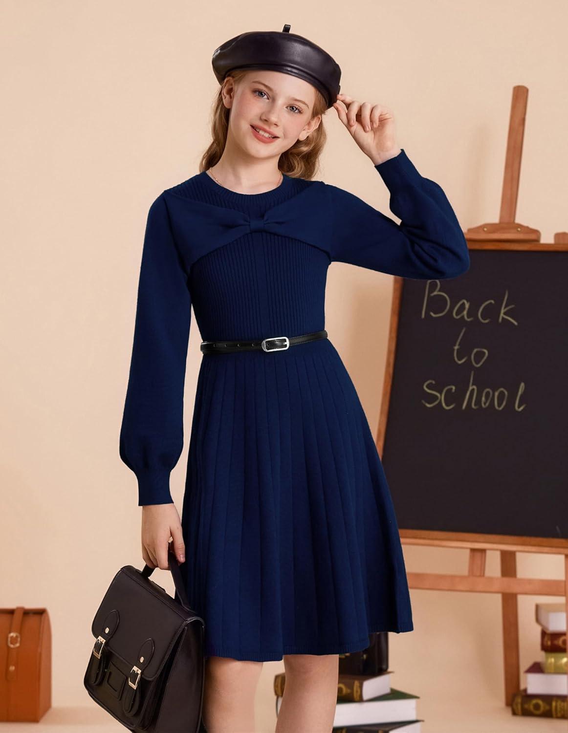 imageGRACE KARIN Girls Sweater Dress Bow Collar Pleated Skirt 614Y Back to School Outfit Knit Fall Winter DressNavy Blue