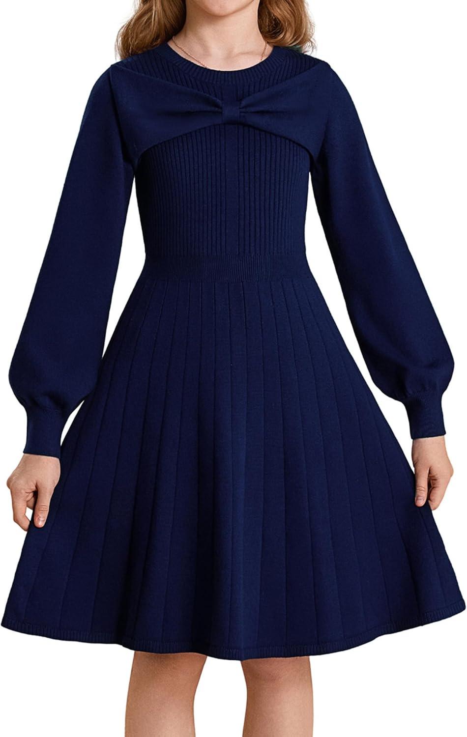 imageGRACE KARIN Girls Sweater Dress Bow Collar Pleated Skirt 614Y Back to School Outfit Knit Fall Winter DressNavy Blue
