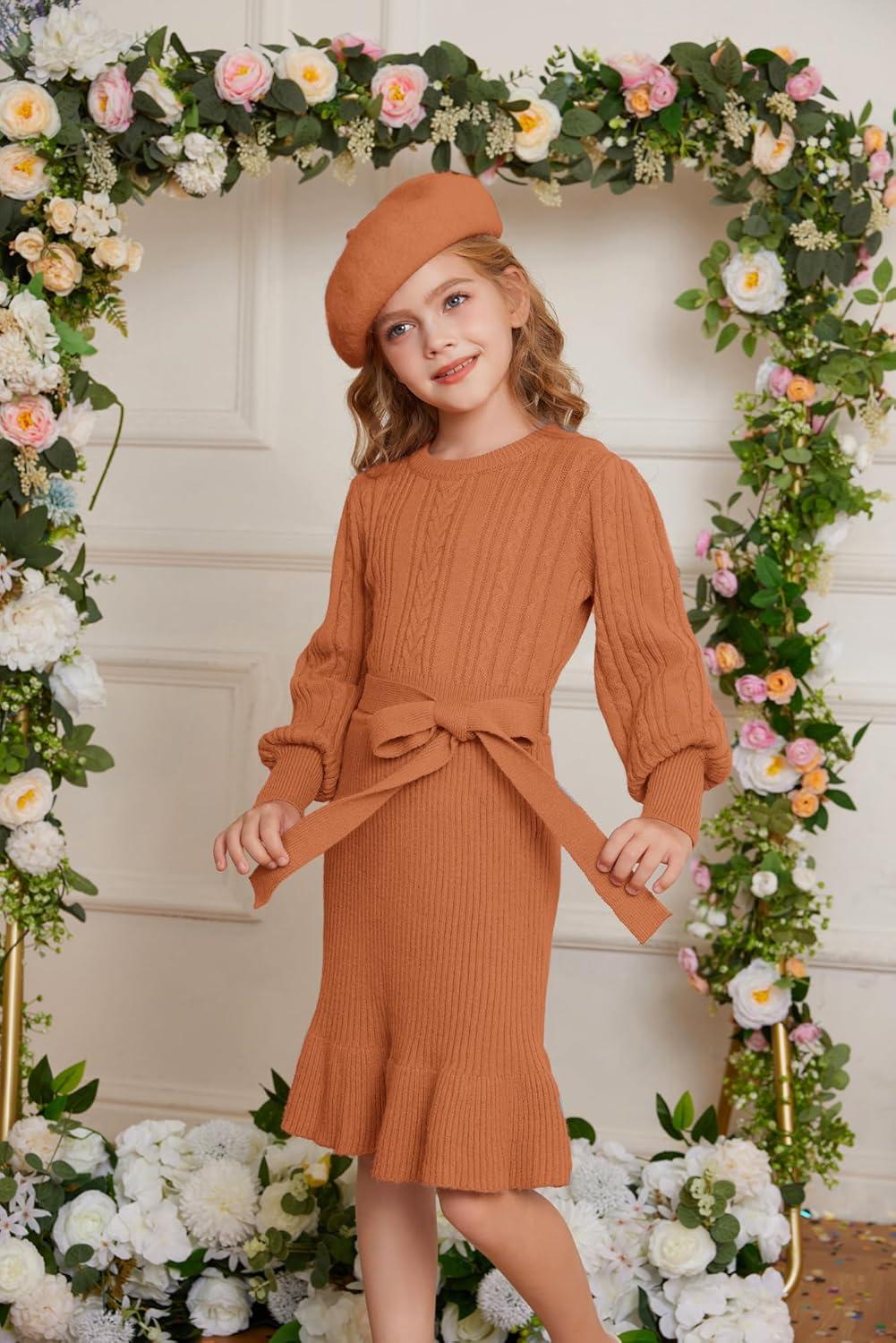 imageGRACE KARIN Girls Sweater Dress Cable Knit Long Sleeve Fall Winter Dress for Girl with Belt Sizes 614Orange