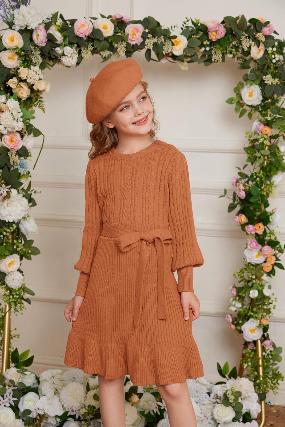 imageGRACE KARIN Girls Sweater Dress Cable Knit Long Sleeve Fall Winter Dress for Girl with Belt Sizes 614Orange