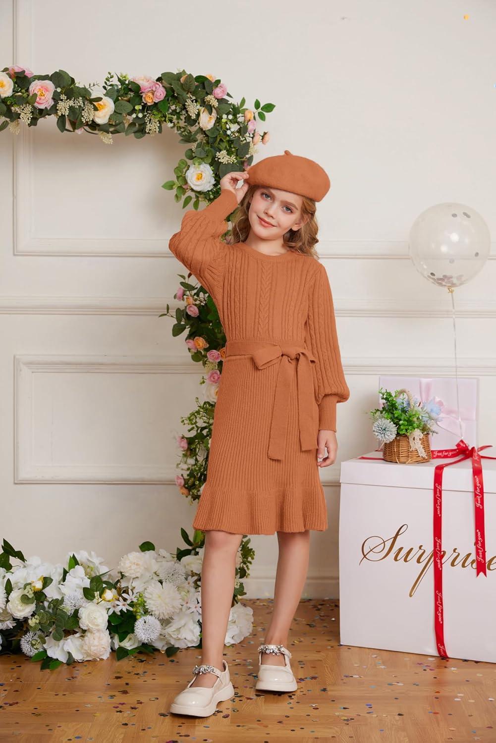 imageGRACE KARIN Girls Sweater Dress Cable Knit Long Sleeve Fall Winter Dress for Girl with Belt Sizes 614Orange