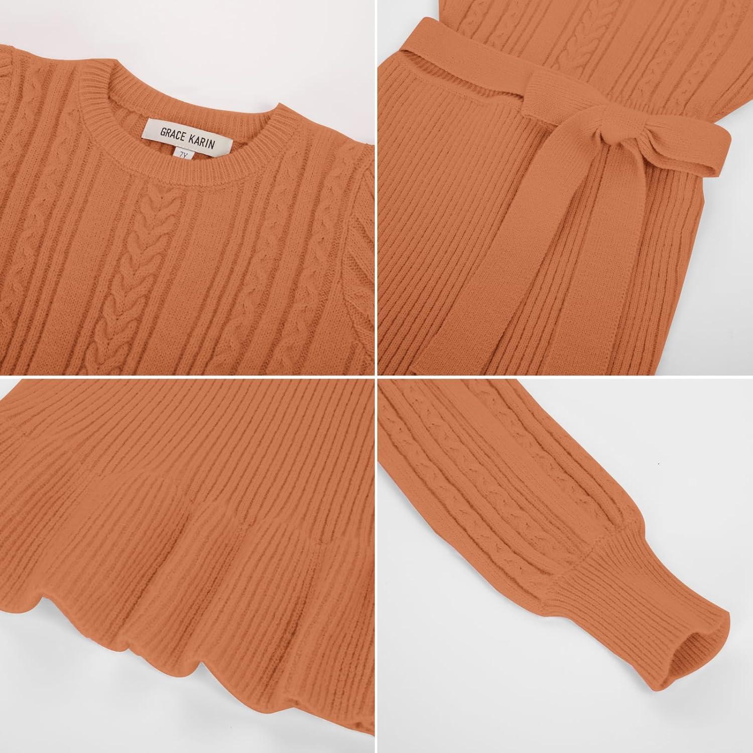 imageGRACE KARIN Girls Sweater Dress Cable Knit Long Sleeve Fall Winter Dress for Girl with Belt Sizes 614Orange