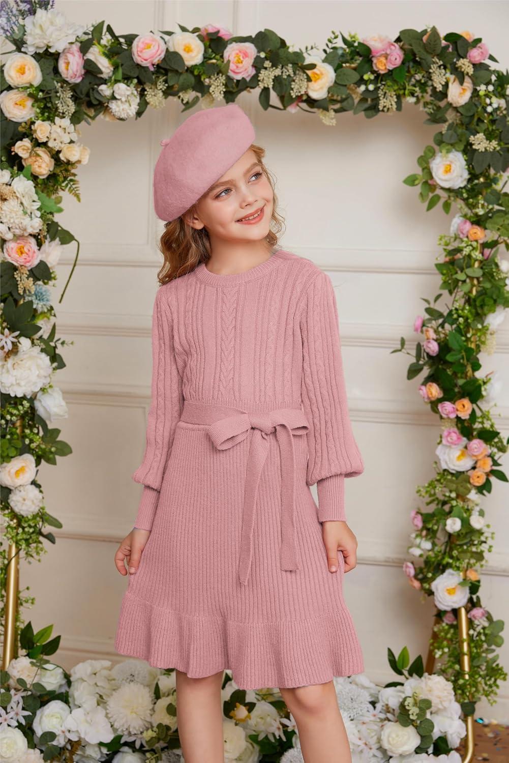 imageGRACE KARIN Girls Sweater Dress Cable Knit Long Sleeve Fall Winter Dress for Girl with Belt Sizes 614Pink