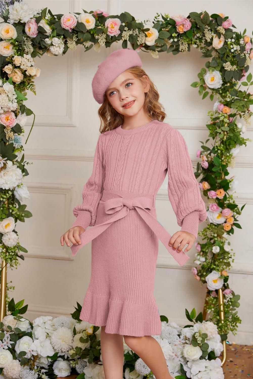 imageGRACE KARIN Girls Sweater Dress Cable Knit Long Sleeve Fall Winter Dress for Girl with Belt Sizes 614Pink