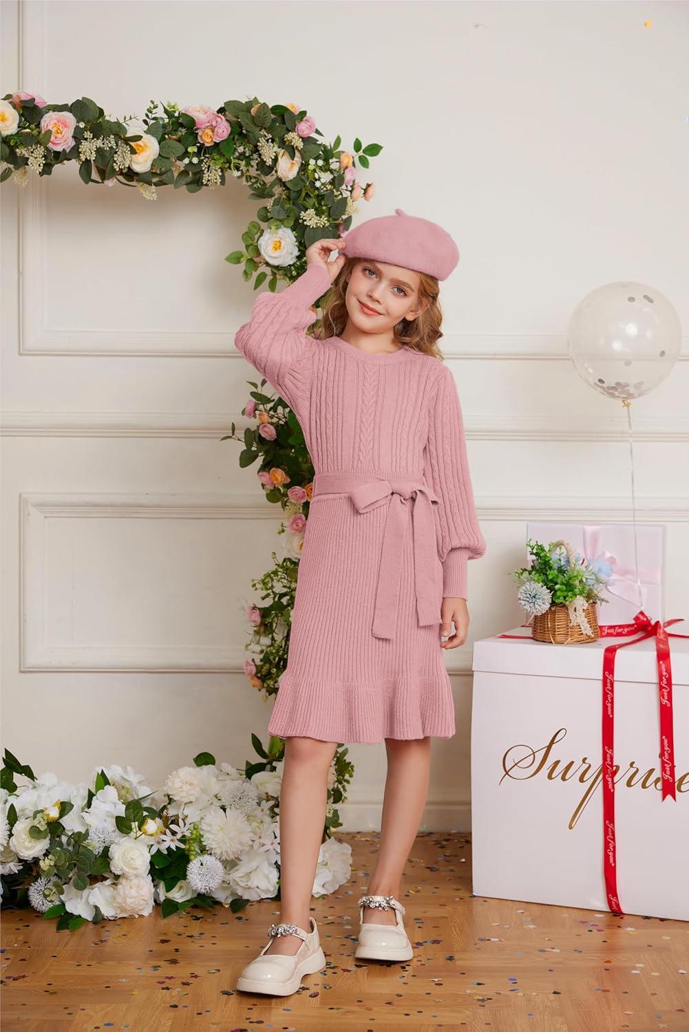 imageGRACE KARIN Girls Sweater Dress Cable Knit Long Sleeve Fall Winter Dress for Girl with Belt Sizes 614Pink