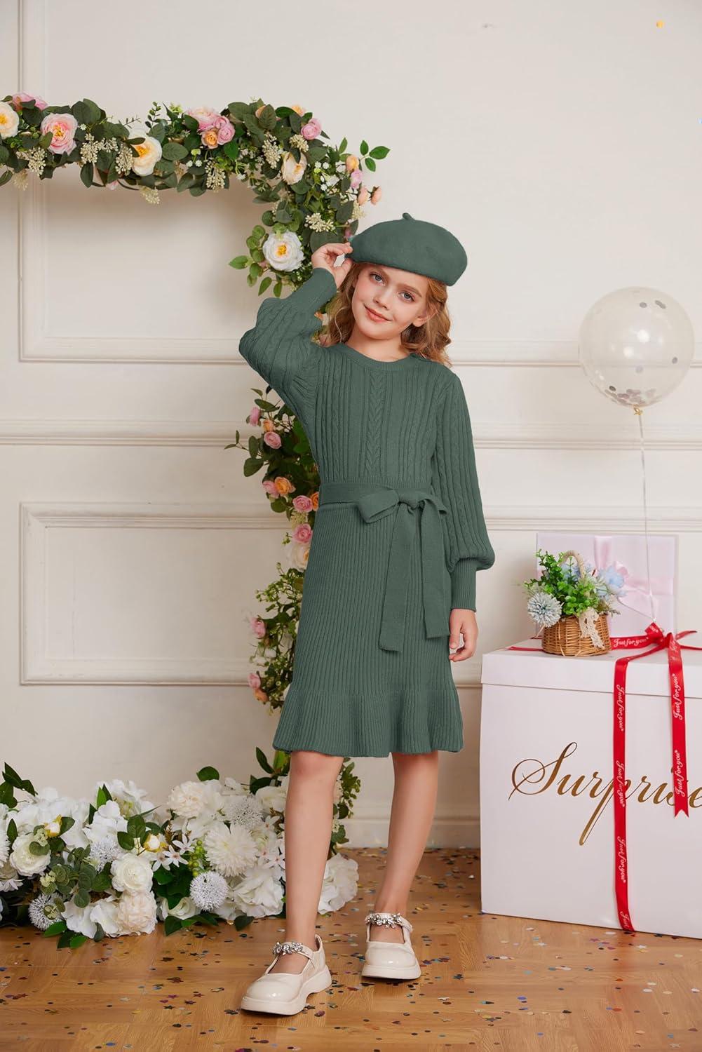 imageGRACE KARIN Girls Sweater Dress Cable Knit Long Sleeve Fall Winter Dress for Girl with Belt Sizes 614Tea Green