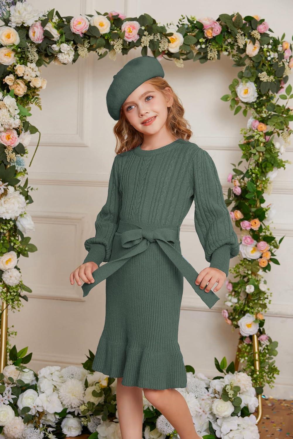 imageGRACE KARIN Girls Sweater Dress Cable Knit Long Sleeve Fall Winter Dress for Girl with Belt Sizes 614Tea Green