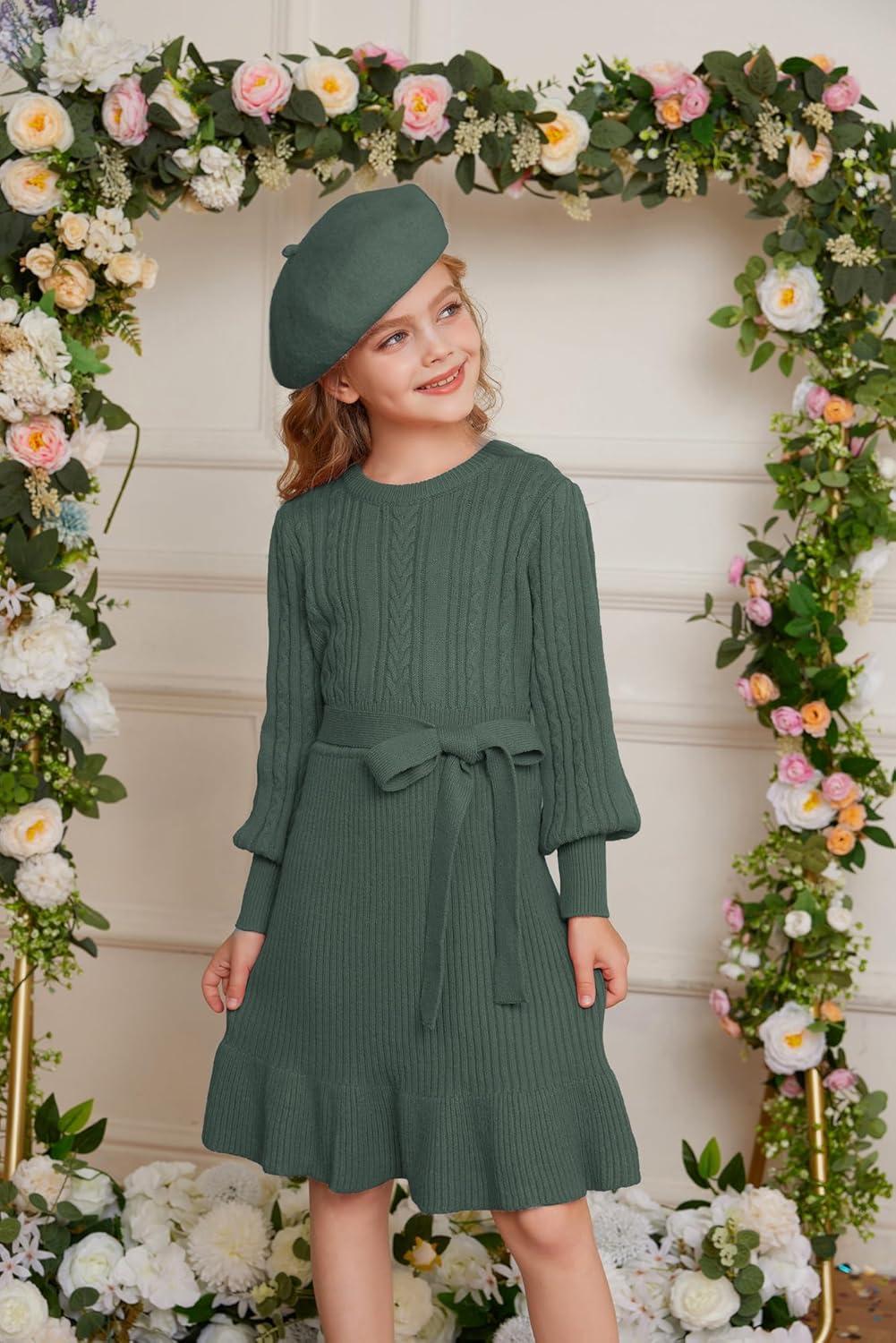 imageGRACE KARIN Girls Sweater Dress Cable Knit Long Sleeve Fall Winter Dress for Girl with Belt Sizes 614Tea Green